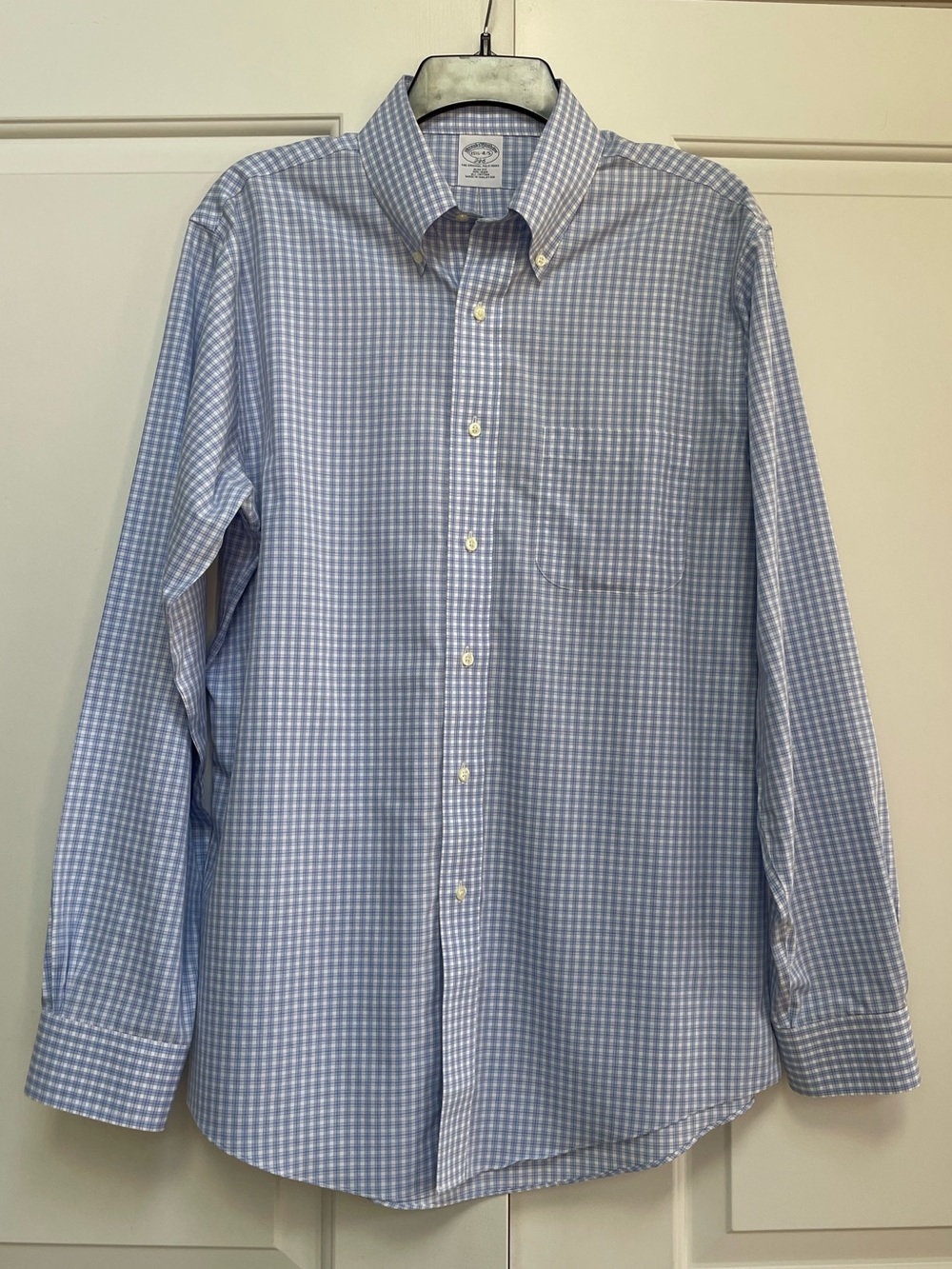 Brooks Brothers Men’s White Blue Plaid Pocket Long Sleeve Button Down Shirt